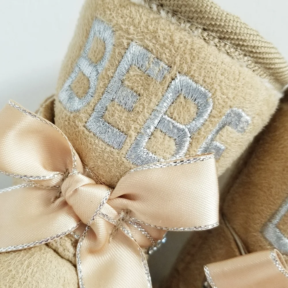 Bebe Toddler Girl's Tan Mid Calf Logo Boots with Satin Bow & Rhinestone Baby 7